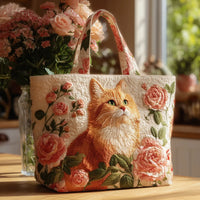 Handgefertigte Tasche | Orangene Katze mit Rosen