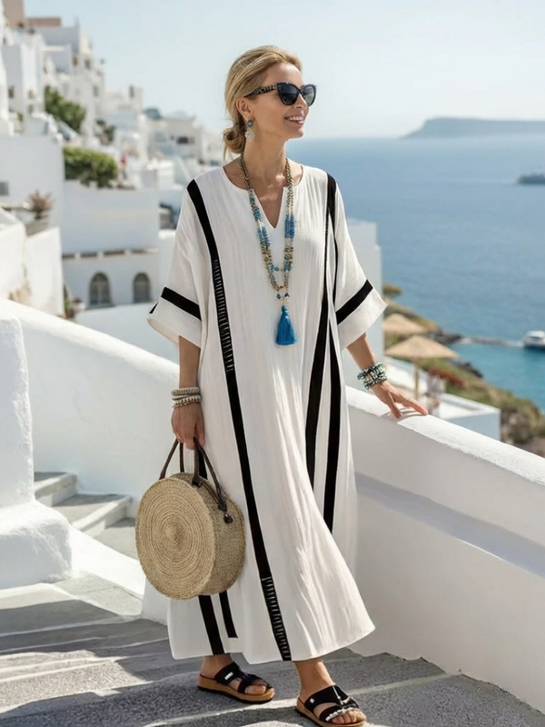 Elvienne - gestreiftes Maxikleid mit Kurzarm und Colour-Blocking