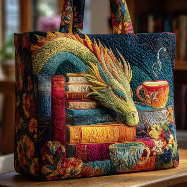 Handgefertigte Tasche | Drache mit Büchern und Tassen
