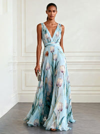 Nerea - elegantes Maxikleid mit Tulpenprint und V-Ausschnitt