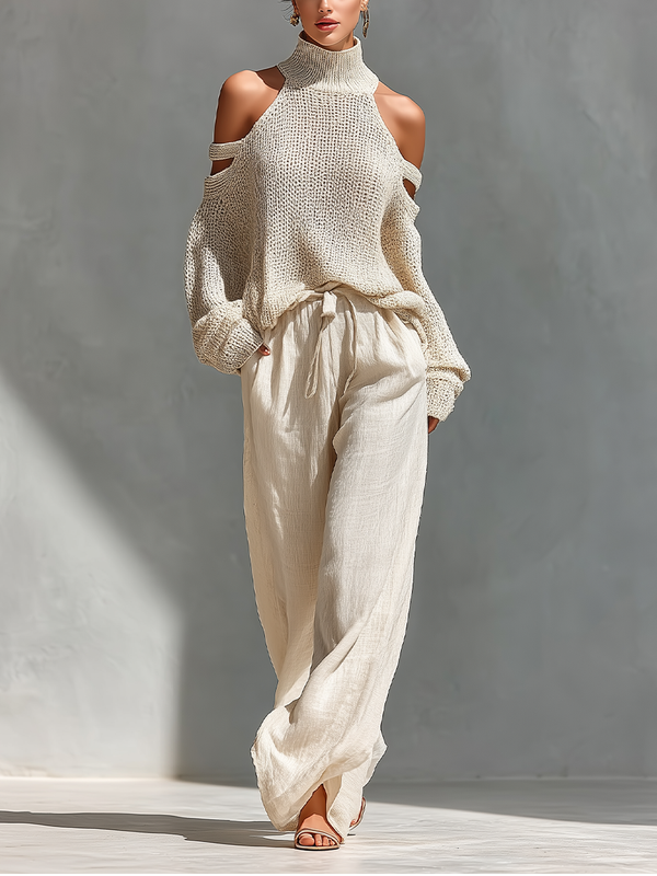 Thalia - beiges Set aus schulterfreiem Strick-Top und weiter Hose