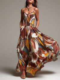 Celine - bunt-abstraktes Boho-Maxikleid mit gesmoktem Oberteil