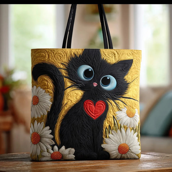 Handgefertigte Tasche | Schwarze Katze mit Gänseblümchen