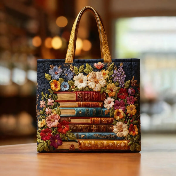 Handgefertigte Tasche | Blumen- und Bücherdesign