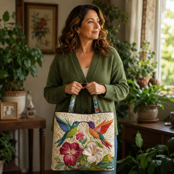 Handgefertigte Tasche | Kolibri und weiße Blüten