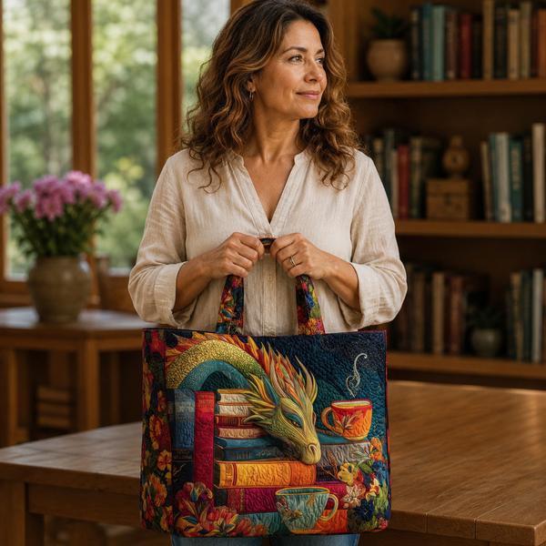 Handgefertigte Tasche | Drache mit Büchern und Tassen