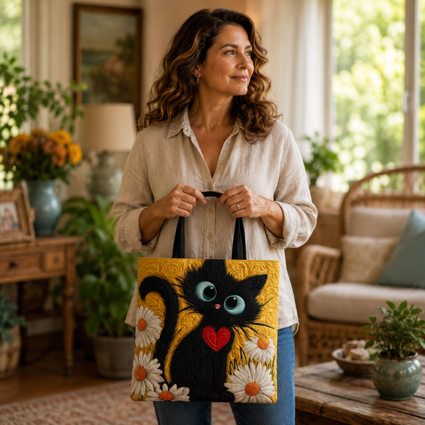 Handgefertigte Tasche | Schwarze Katze mit Gänseblümchen