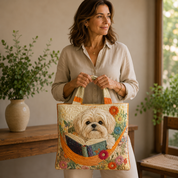 Handgefertigte Tasche | Shih Tzu mit Büchern und Blumen