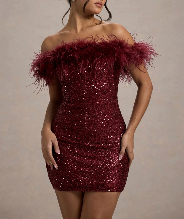 Velyndra™ - schulterfreies Minikleid mit Glitzer-Fellbesatz