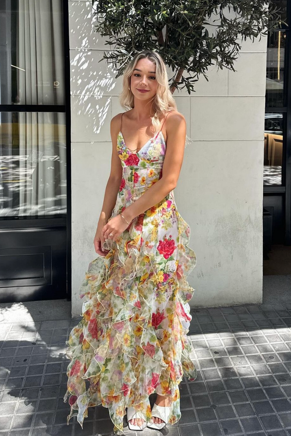 Velora™ - Chiffon-Maxikleid mit Rosenprint und Schlitz