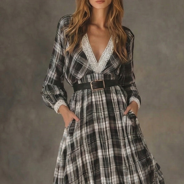 Marisela - Karo-Maxikleid mit Gürtel