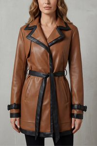 Coraline™ | Kunstleder-Trenchcoat mit Kontrastbesatz und Gürtel