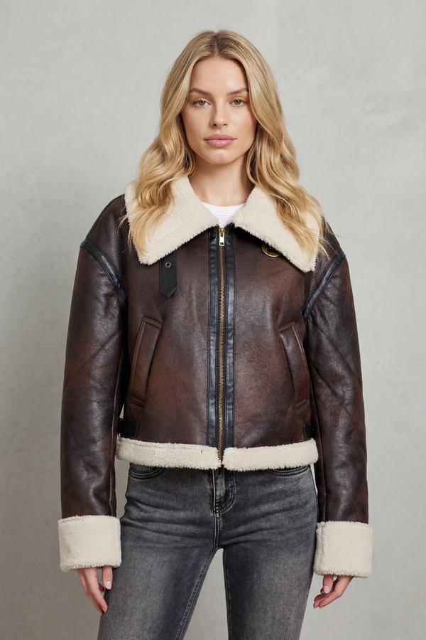 Yolanda™ | Cropped Aviator-Jacke mit Shearling-Besatz