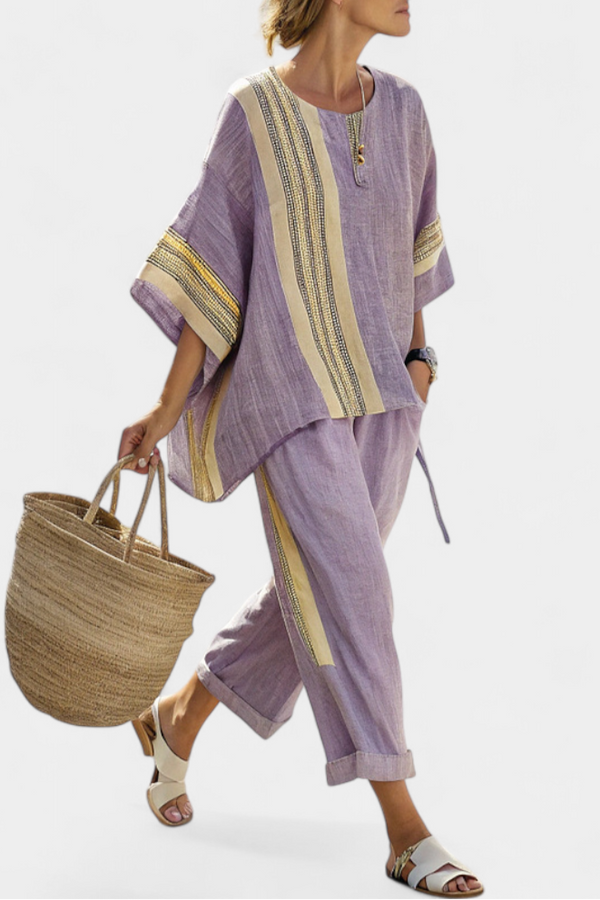Elowric - elegantes Top in Lavendel mit gestreifter Hose in Senfgelb