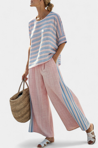 Virella - elegante Leinenbluse mit weicher Hose, Rosa-Blau