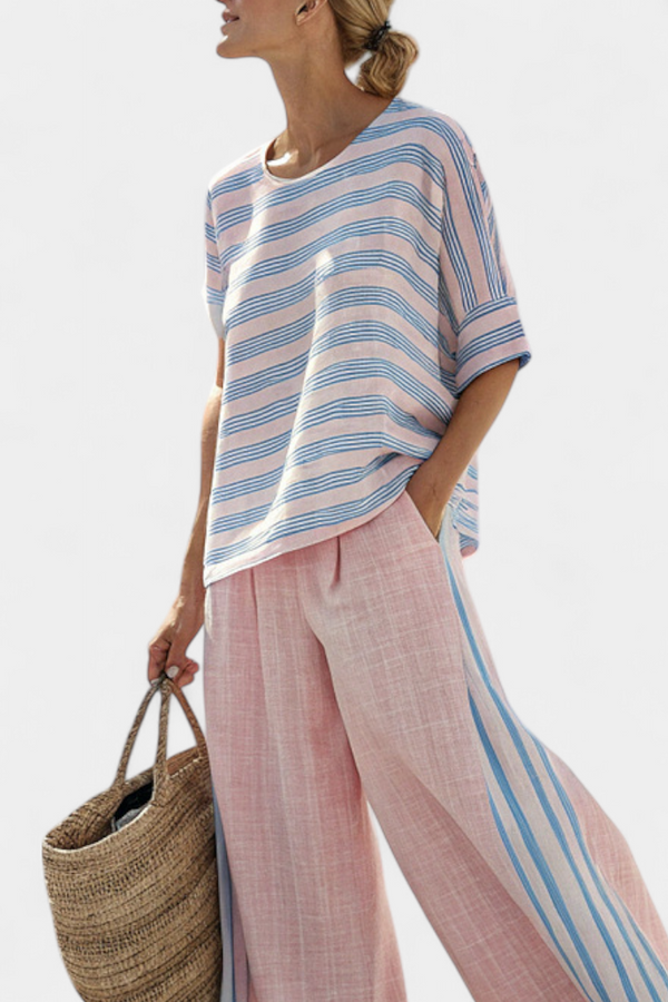 Virella - elegante Leinenbluse mit weicher Hose, Rosa-Blau