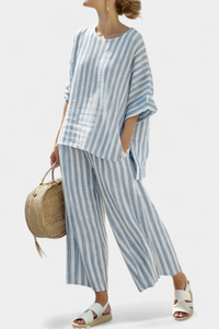 Rensleigh - edles blau gestreiftes Leinen-Top mit lockerer Hose