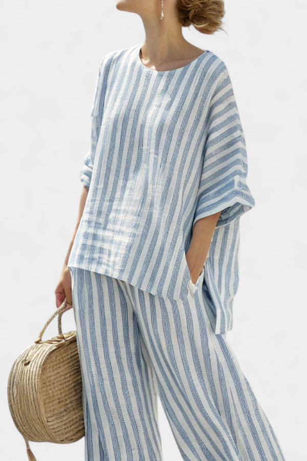 Rensleigh - edles blau gestreiftes Leinen-Top mit lockerer Hose