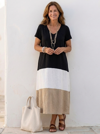 Thalia - Midikleid mit V-Ausschnitt, Kurzarm und Colour-Blocking