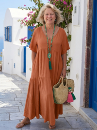 Zinnia - blaues Stufen-Maxikleid mit Kurzarm