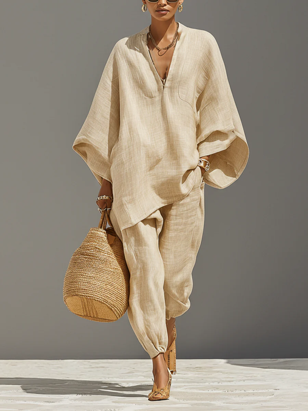 Caroline - Set aus asymmetrischem Top und Jogger-Hose in Khaki