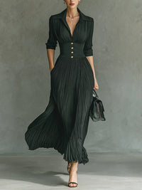 Elvira - Plissiertes langes Kleid mit Revers und hoher Taille