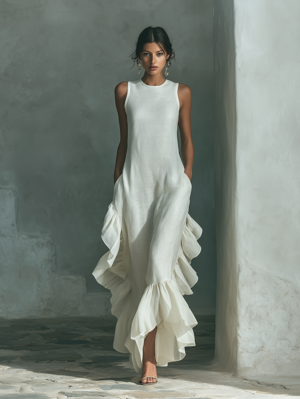 Sophie - ärmelloses Leinen-Maxikleid in Elfenbein