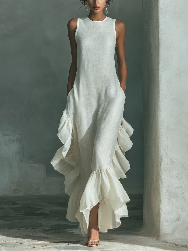Sophie - ärmelloses Leinen-Maxikleid in Elfenbein