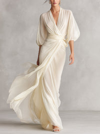 Sefa - elfenbeinfarbenes, transparentes Chiffonkleid