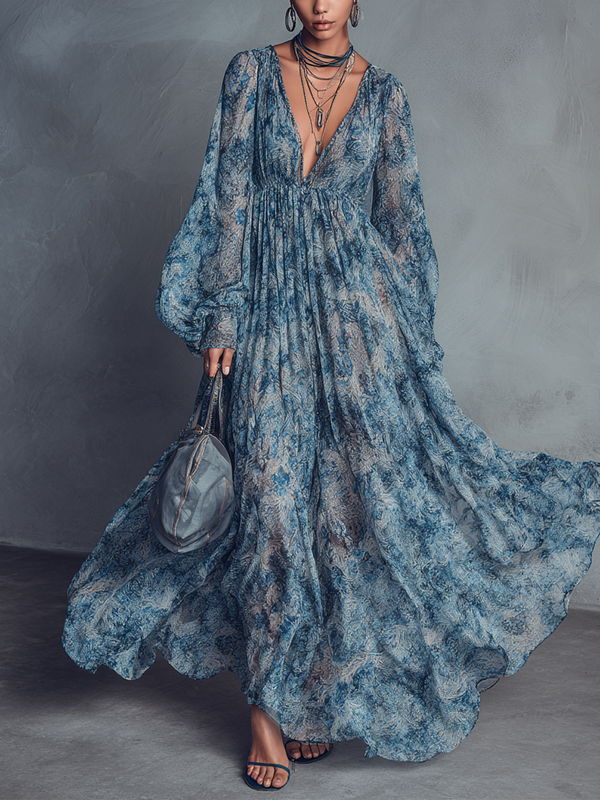 Grace - blaues Boho-Chiffon-Maxikleid mit Blumenprint