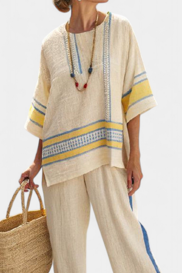 Jaxmere - bequemes Top im Mittelmeer-Stil mit Leinenhose, Blau-Gelb
