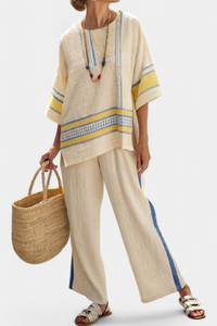 Jaxmere - bequemes Top im Mittelmeer-Stil mit Leinenhose, Blau-Gelb