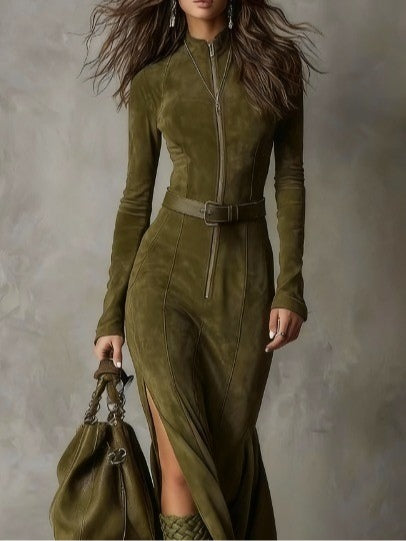 Evelyn | Wildleder-Reißverschlusskleid mit Gürtel