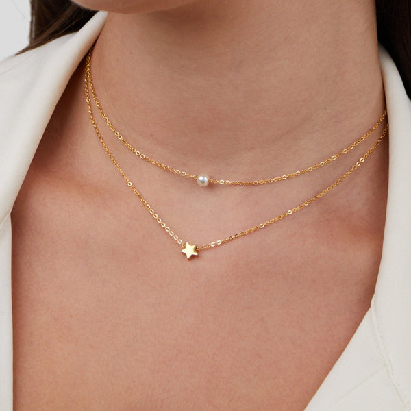 Elena - Mehrreihige Goldstern und Perlenkette
