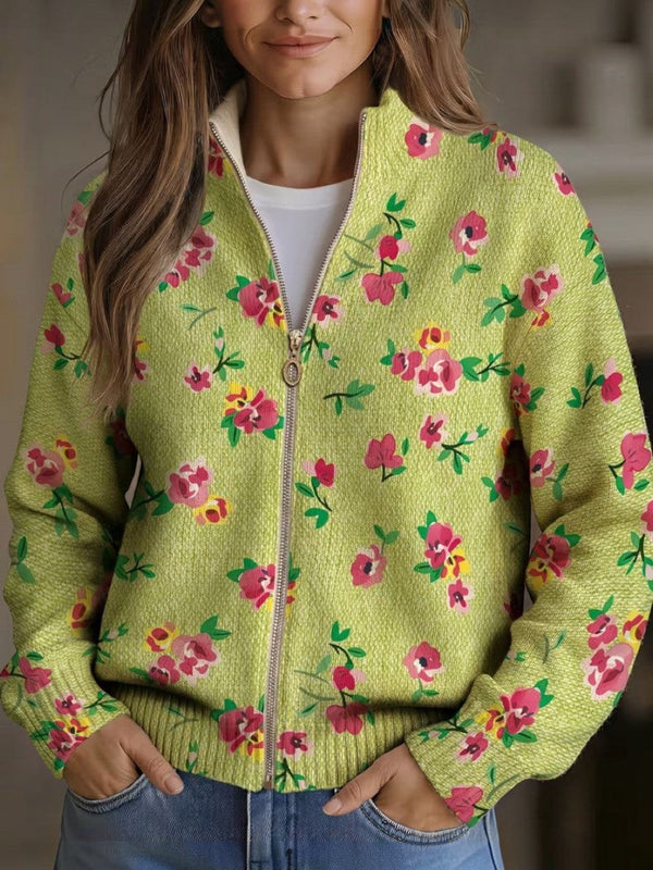 Elke™ | Grüne Strickjacke mit Blumenmuster