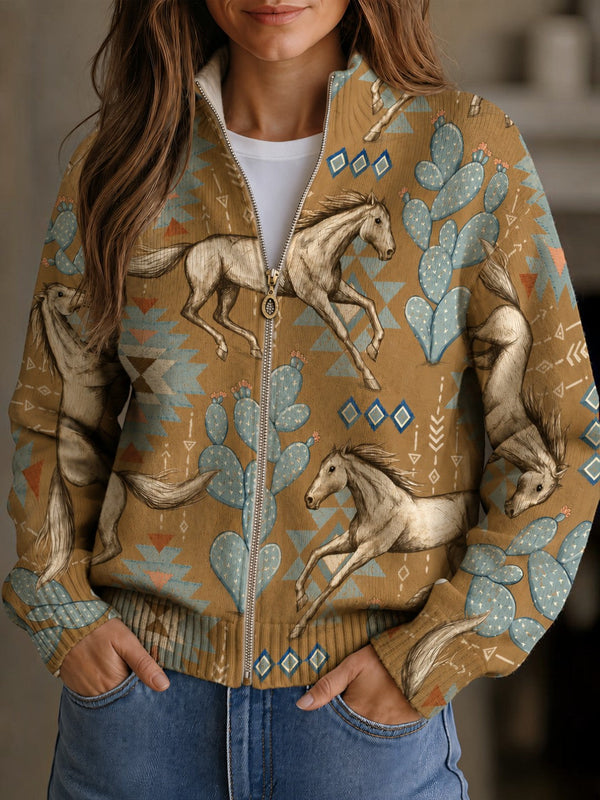 Brigitte™ | Strickjacke mit Pferde- und Kaktus-Motiv
