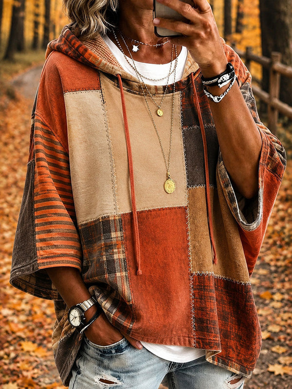 Greta™ | Karo-Poncho mit Kapuze im Patchwork-Design