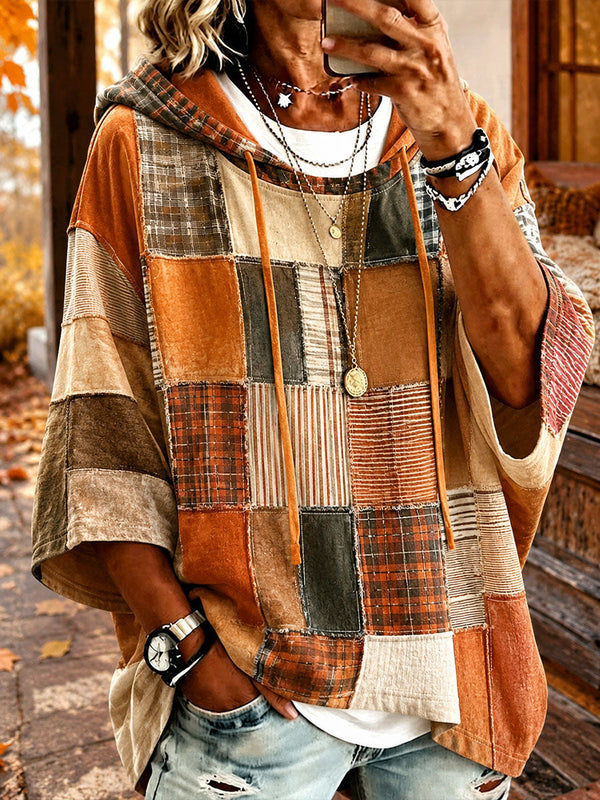 Tessa™ | Karo-Poncho mit Kapuze in herbstlichen Farbtönen