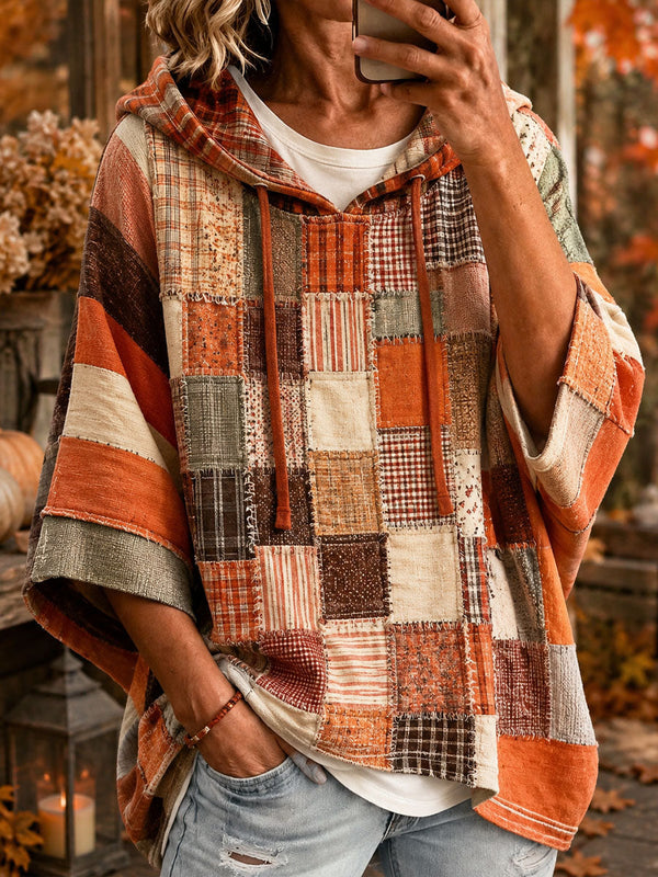 Lotta™ | Karo-Poncho mit Kapuze im Patchwork-Design