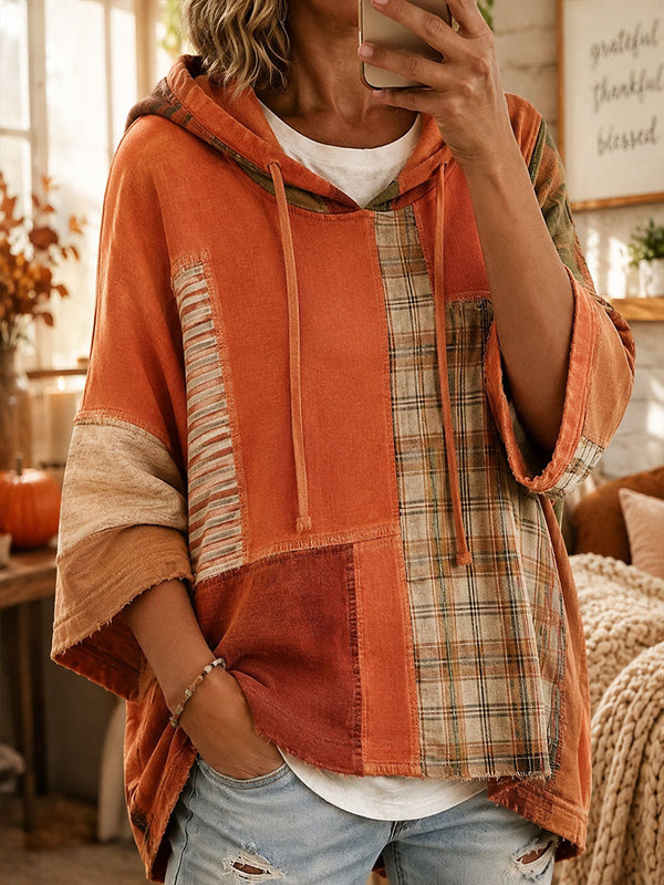 Ida™ | Karo-Poncho mit Kapuze im herbstlichen Patchwork-Look