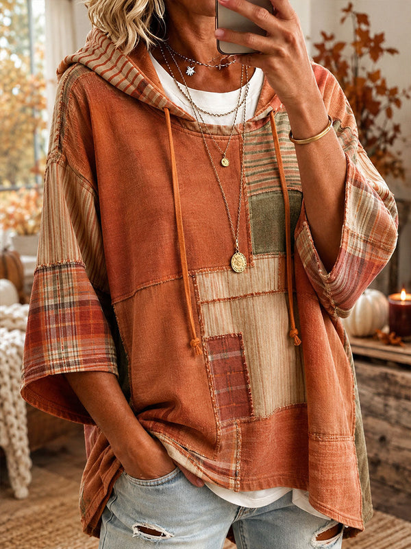 Emma™ | Herbstlicher Karo-Poncho mit Kapuze im Patchwork-Look