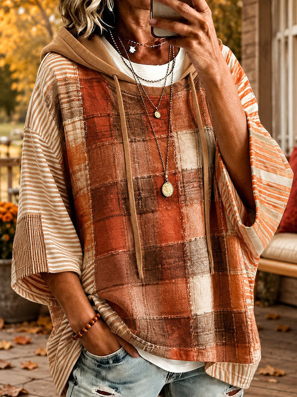 Lena™ | Karo-Poncho mit Kapuze im herbstlichen Patchwork-Look